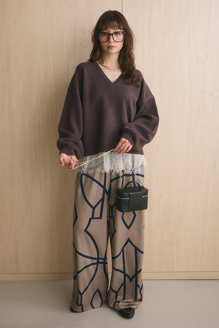 [SET]アルパカタッチ×レースVネックプルオーバー+柄プリントワイドパンツ(2set)