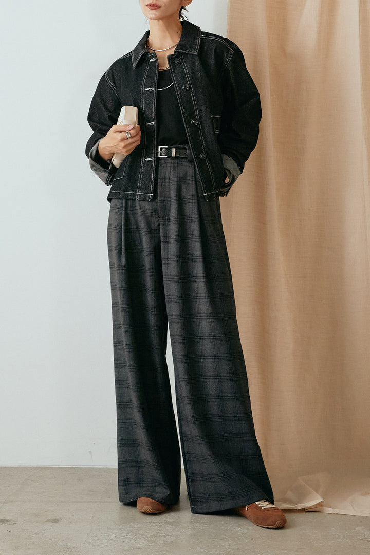 [SET]袖切りっぱなしデニムジャケット+フェイクレザーベルト付きタータンチェックパンツ(2set)
