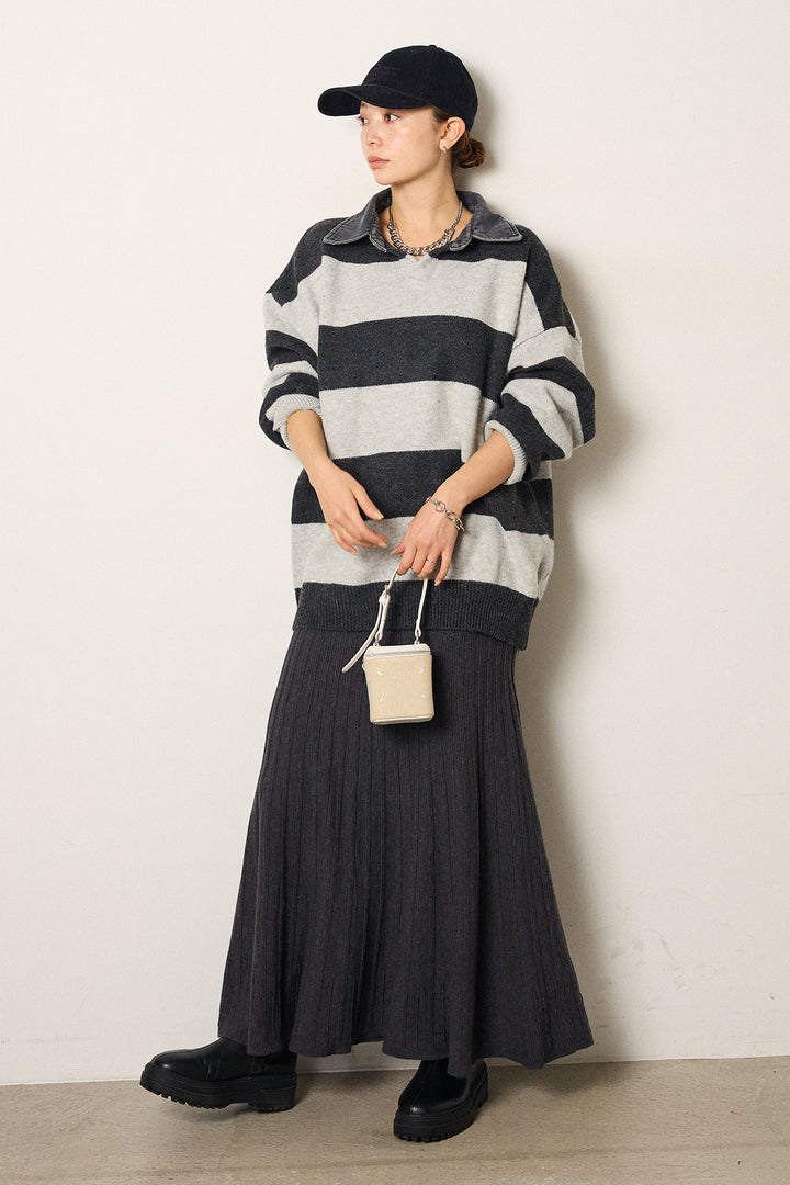 [SET]デニムカラーボーダールーズニット+編み地切り替えフレアニットスカート(2set)