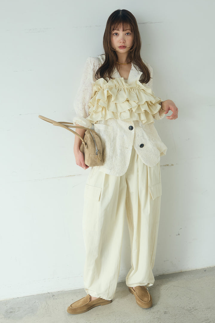 [SET]刺繍シアーテーラードジャケット+撥水フリルビスチェ+撥水ジョガーパンツ(3set)