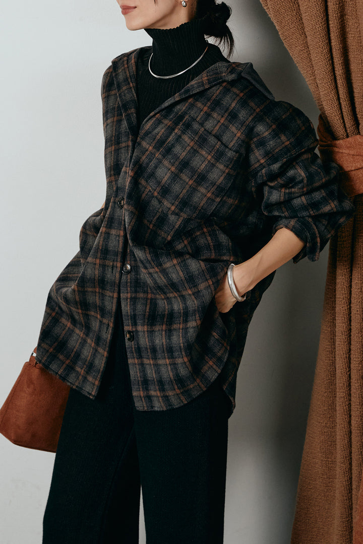 [SET]シャギーチェックシャツジャケット+ワイドリブニットイージーパンツ(2set)