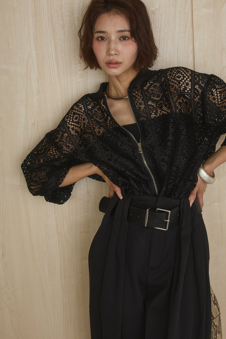 [SET]幾何レースブルゾン+ベルト付きビックループワイドパンツ(2set)