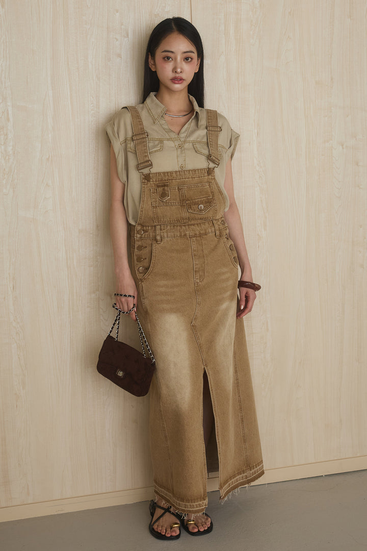 [SET]リヨセルデニムノースリシャツ+センタースリットデニムジャンスカ(2set)