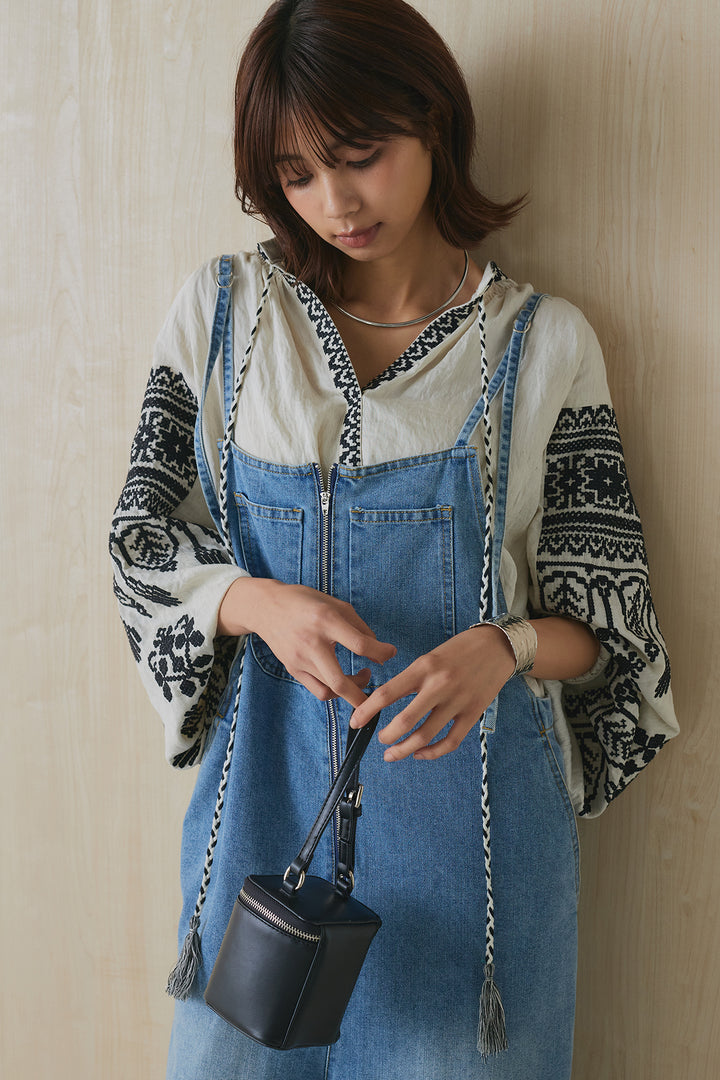 [SET]エスニック刺繍パフスリーブブラウス+フロントジップストラップデザインデニムサロペット(2set)