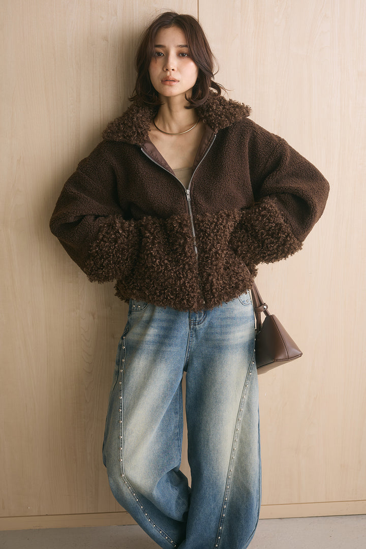 [SET]ボア×プードルファーパッチワークブルゾン+スタッズデザインカーブデニムワイドパンツ(2set)