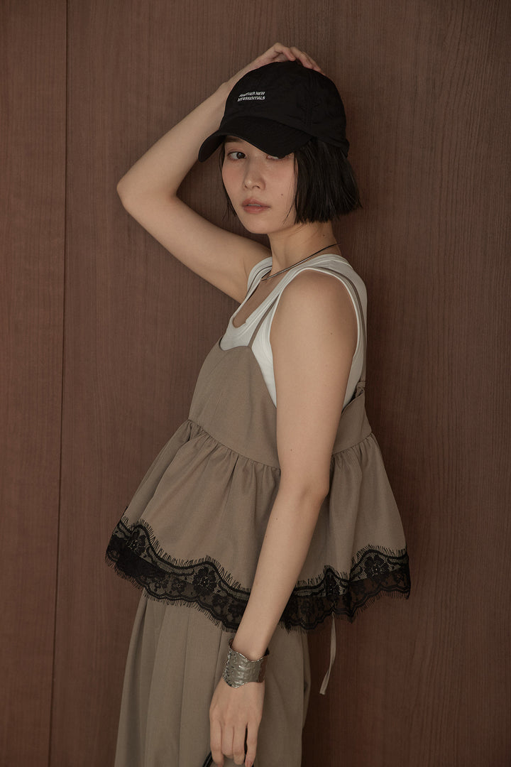 [SET]裾レースペプラムキャミソールビスチェ+パット付きワイドショルダータンク+2タックロングワイドパンツ(3set)