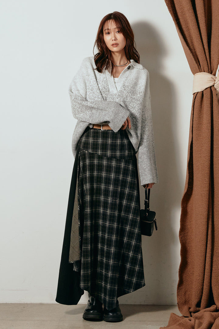 [SET]グラデーションラメニットキーネックプルオーバー+フェイクレザーベルト付き切り替えタータンチェックスカート(2set)