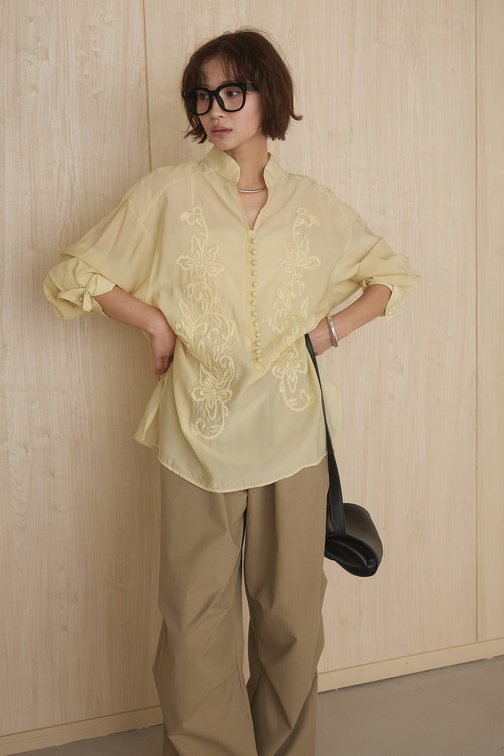 [SET]フロントボタンニュアンス柄ブラウス+ニーサイドタックウエストドロストパンツ(2set)