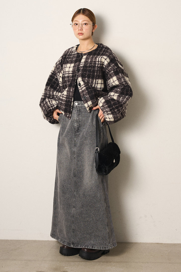 [SET]ノーカラーチェック柄ボアブルゾン+デニムロングフレアスカート(2set)