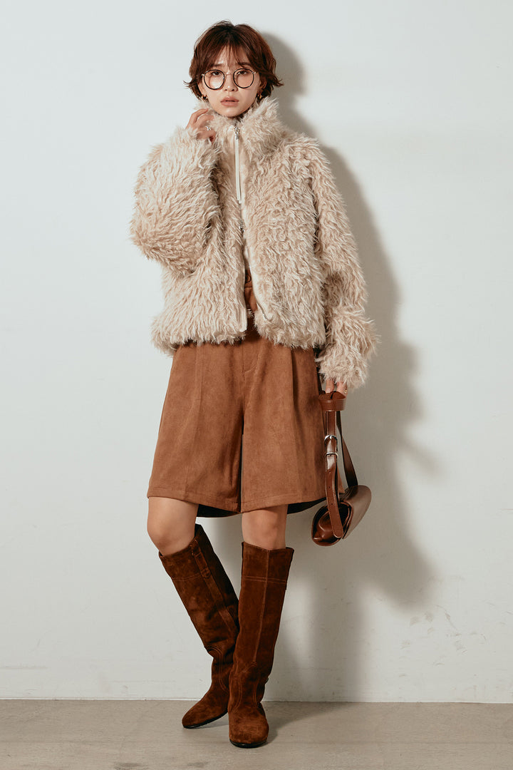 [SET]ミックスシープファースタンドブルゾン+フェイクスウェードハーフパンツ(2set)