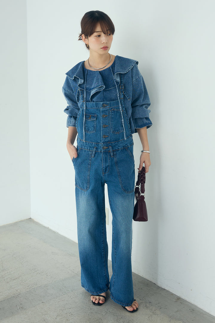 [SET]デニムフリルブラウス+デニムサロペットワイドパンツ(2set)