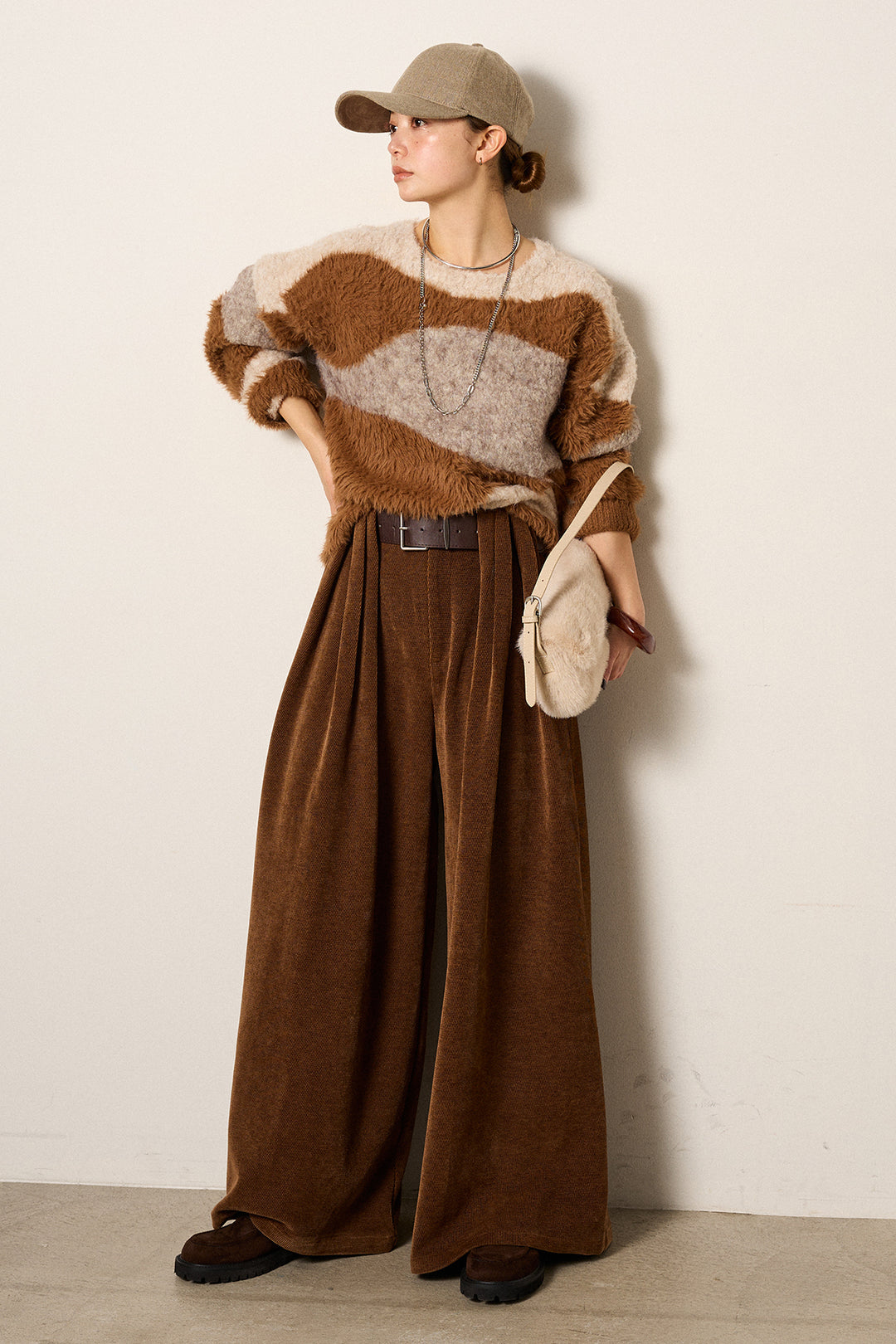 [SET]シャギーウェーブ柄クルーネックニットトップス+ベルトループコーデュロイワイドパンツ(2set)