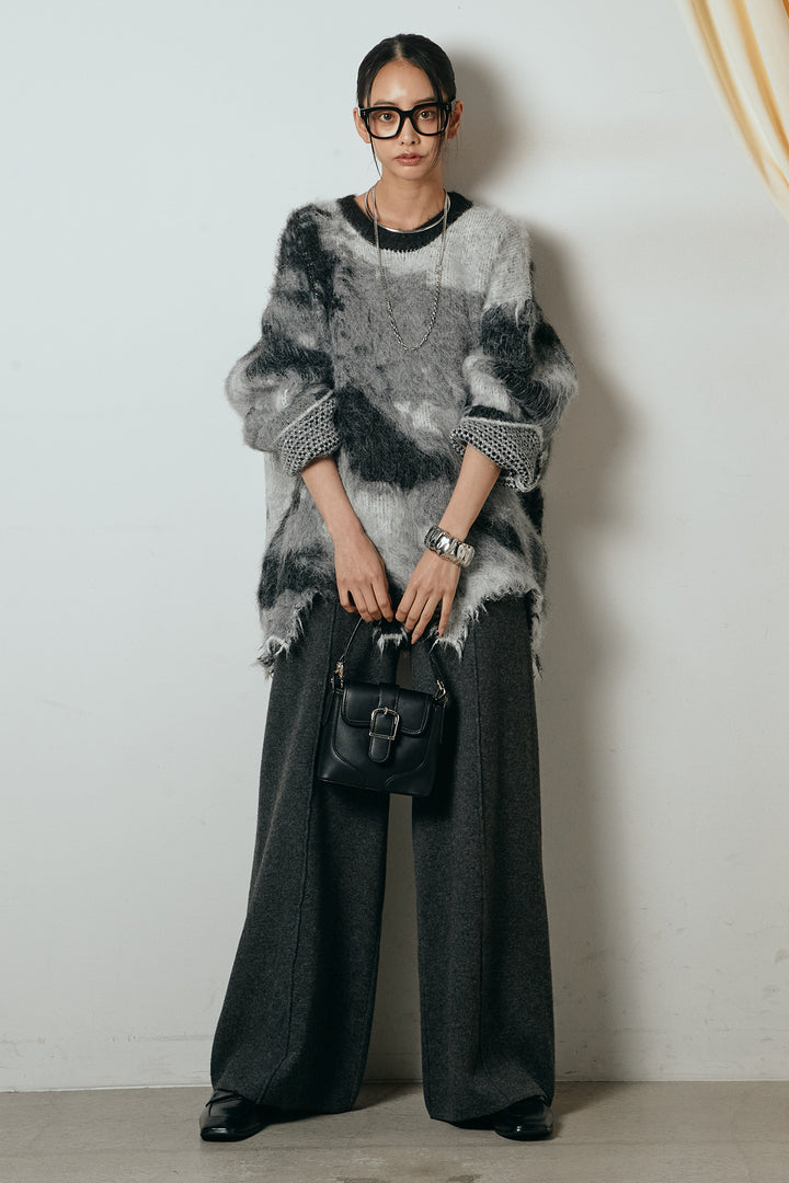 [SET]起毛裾デザインニュアンス柄ニットトップス+センターラインニットパンツ(2set)