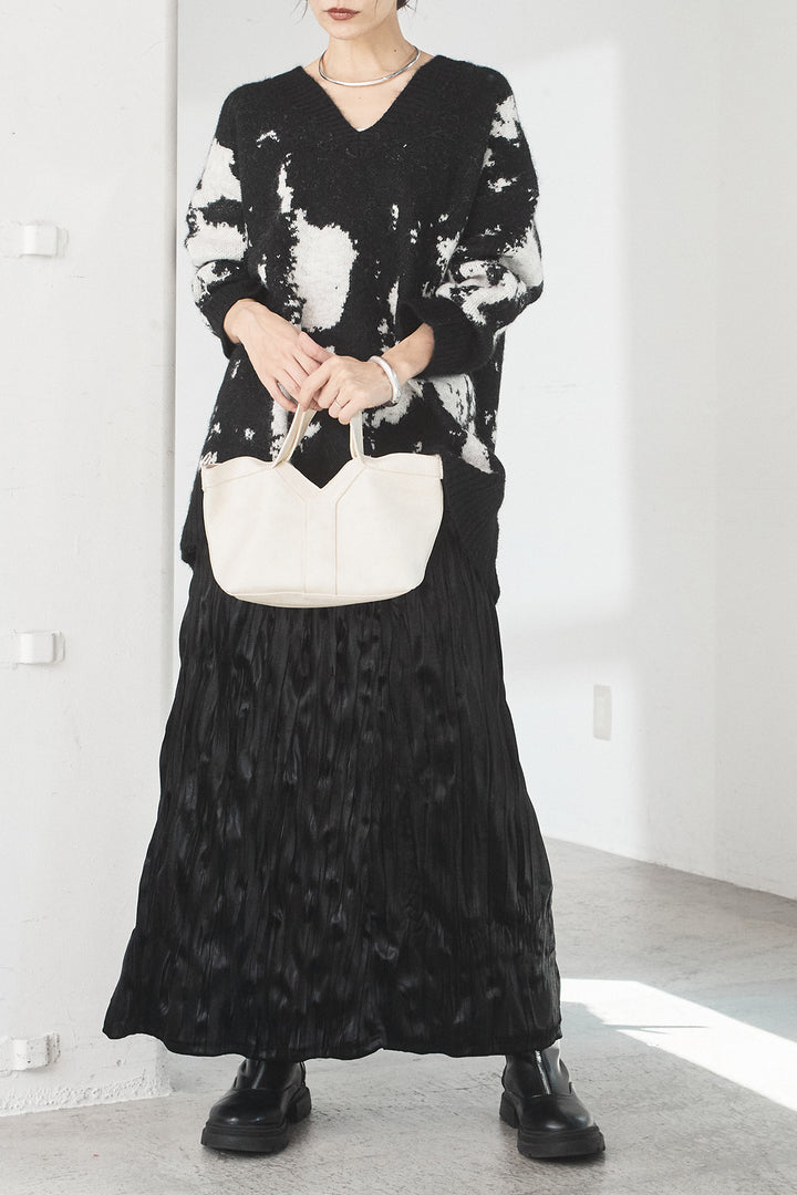 [SET]アブストラクト柄ニットプルオーバー+ベロアロングプリーツスカート(2set)