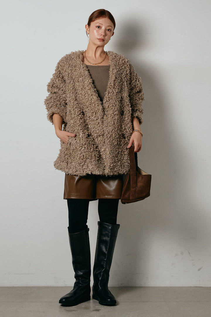 [SET]シープライクファージャケット+ストレッチエコレザーバミューダパンツ(2set)