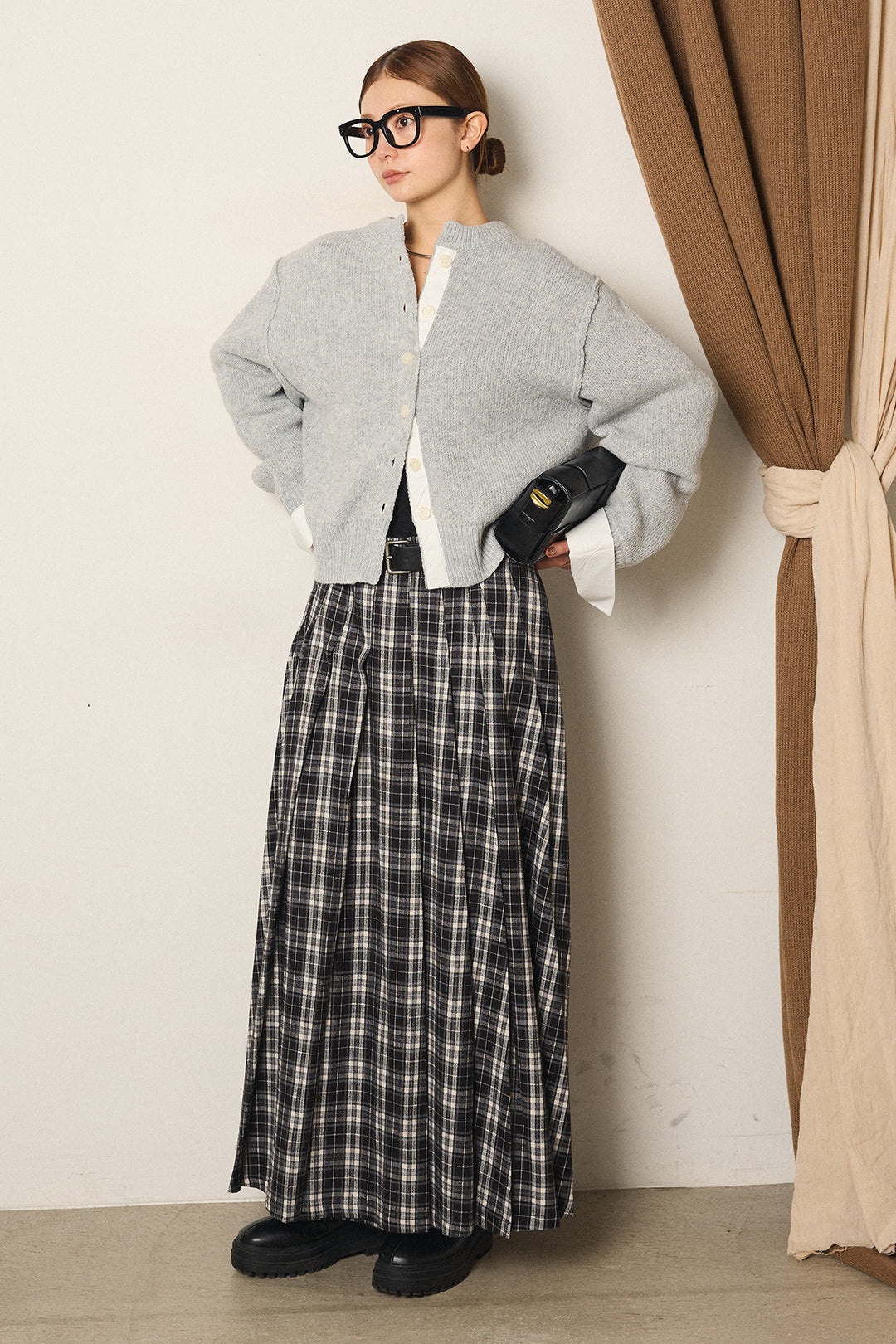 [SET]シャツドッキングニットカーディガン+ベルト付きタータンチェックプリーツスカート(2set)