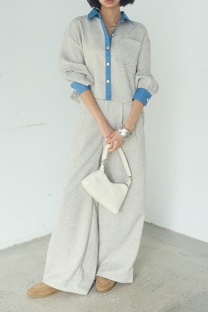 [SET]ツイード×デニムショート丈シャツ+ツイード×デニムハイウエストラインロングパンツ(2set)