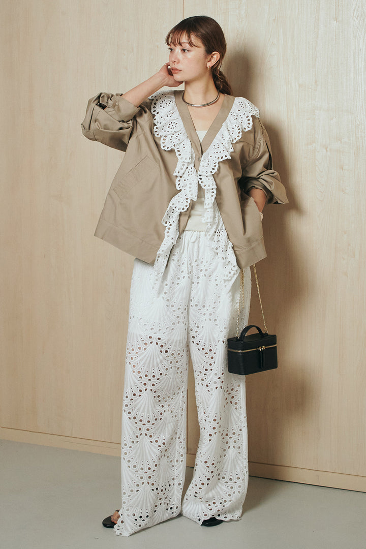 [SET]レースフリルドッキングアウター+レース刺繍リラックスパンツ(2set)