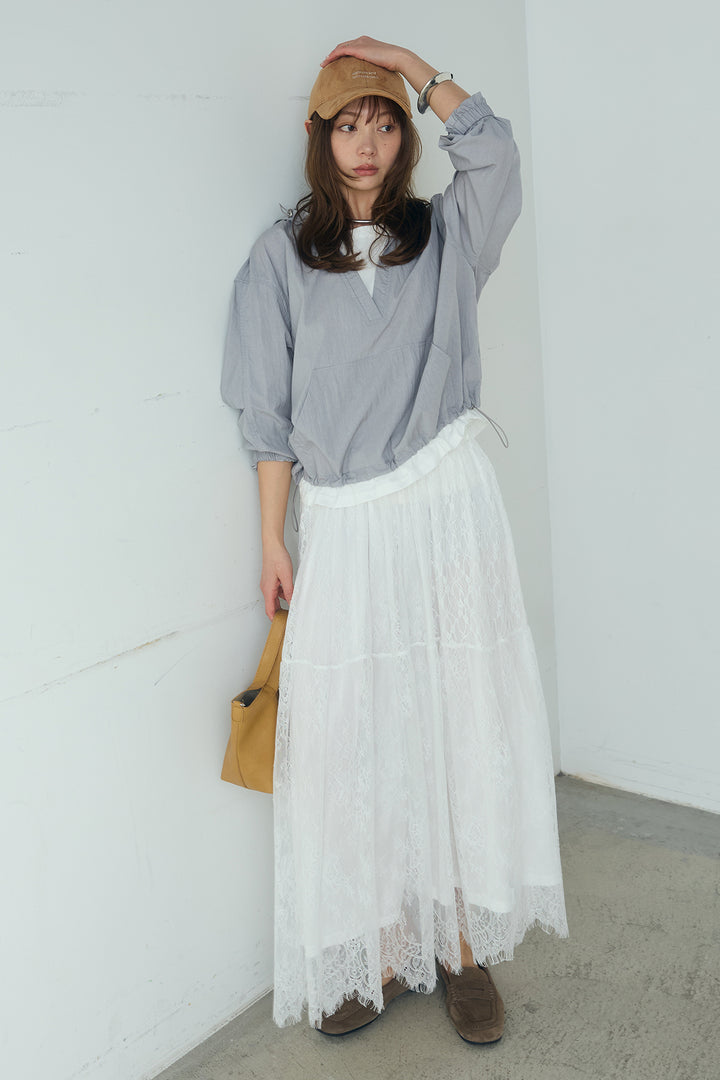 [SET]レイヤードデザインフーディートップス+ひげレース切替ロング丈スカート(2set)