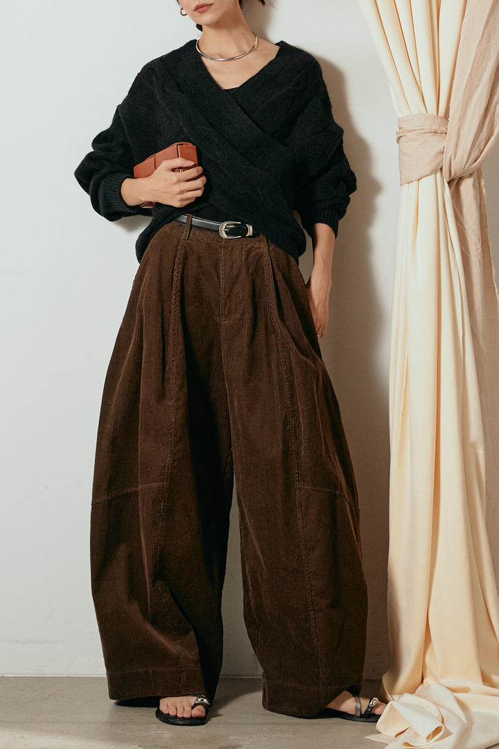 [SET]ケーブルカシュクールニットトップス+タック入りコーデュロイワイドパンツ(2set)
