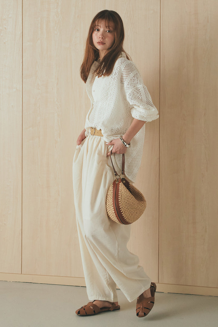 [SET]長袖襟付きレースシャツ+ポケットタックフォルムパンツ(2set)