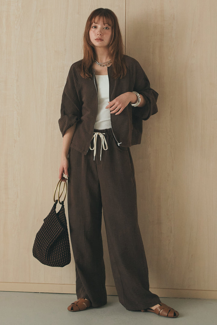 [SET]麻混ノーカラーブルゾン+麻混ウエストドロストパンツ(2set)