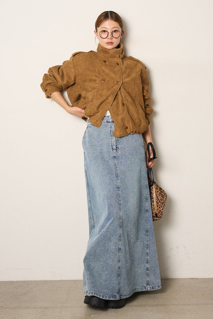 [SET]スタンド襟スウェードライクアウター+デニムロングフレアスカート(2set)