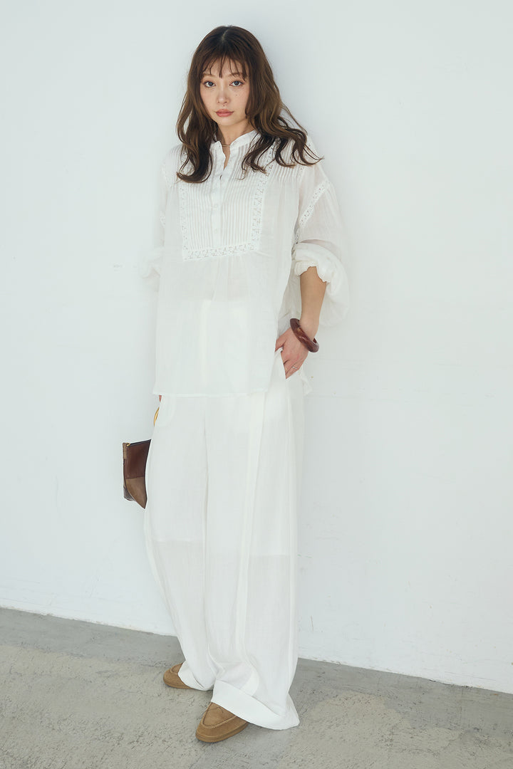 [SET]レース刺繍ラインバンドカラーシャツ+リネン混サイドベルトパンツ(2set)