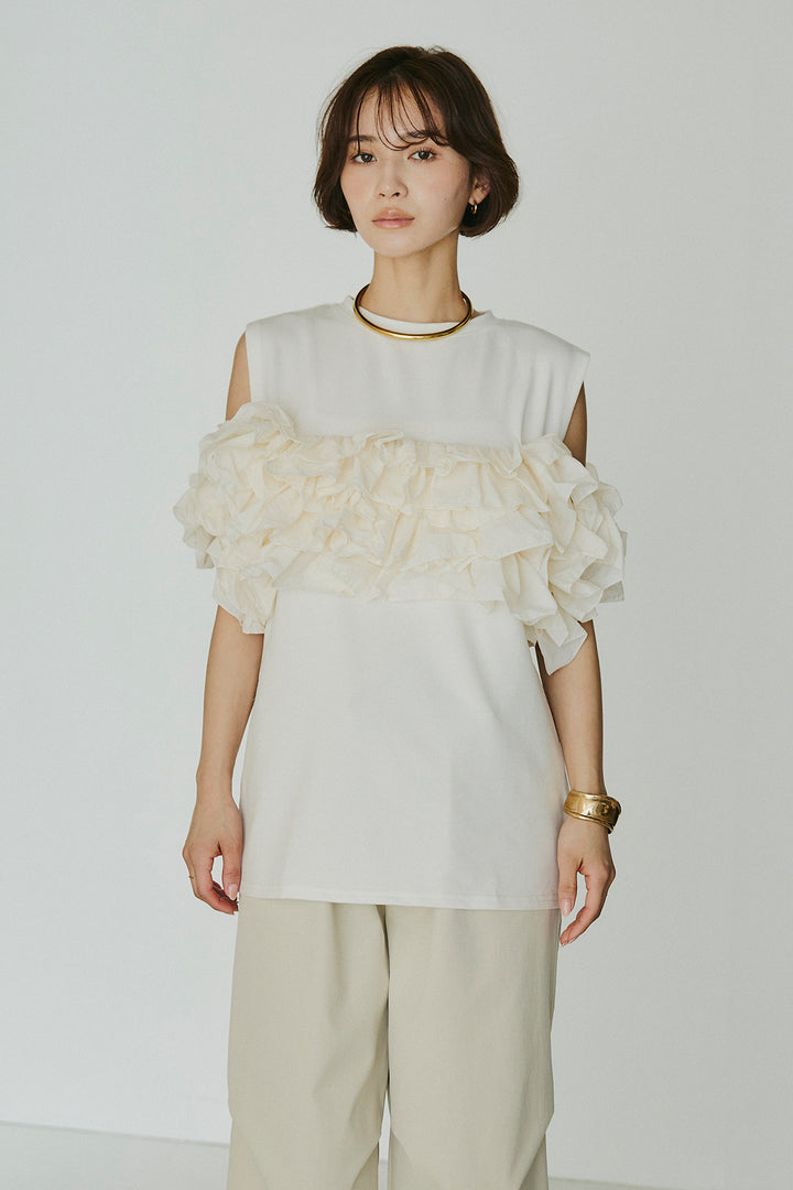 [SET]天竺ナイロンドッキングビスチェ風トップス+ニーサイドタックウエストドロスパンツ(2set)