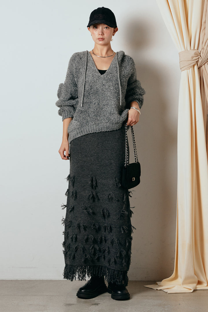 [SET]ブークレキーネックプルオーバー+ポイントフリンジニットナロースカート(2set)