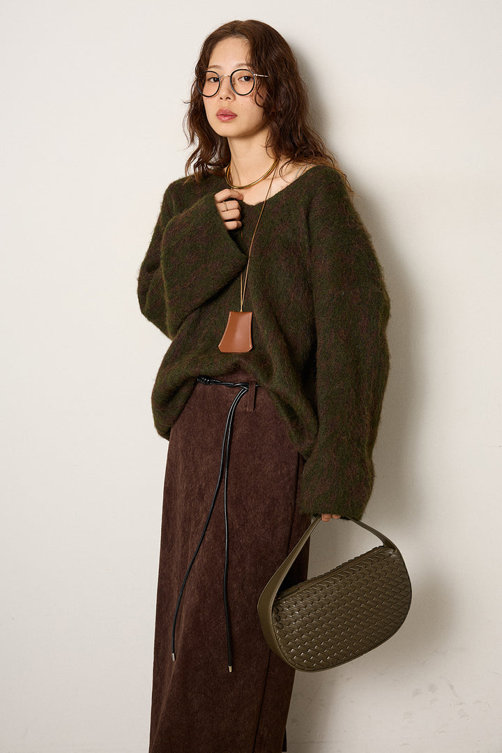 [SET]フラッフィーレオパードシャギーニット+ロープベルト付きスウェード調スカート(2set)