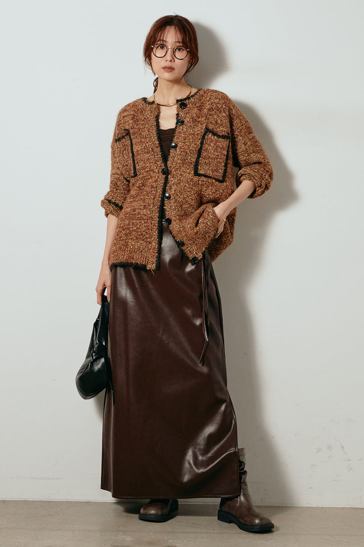 [SET]ミックスニットポケットカーディガン+紐付きフェイクレザーワイドスカート(2set)