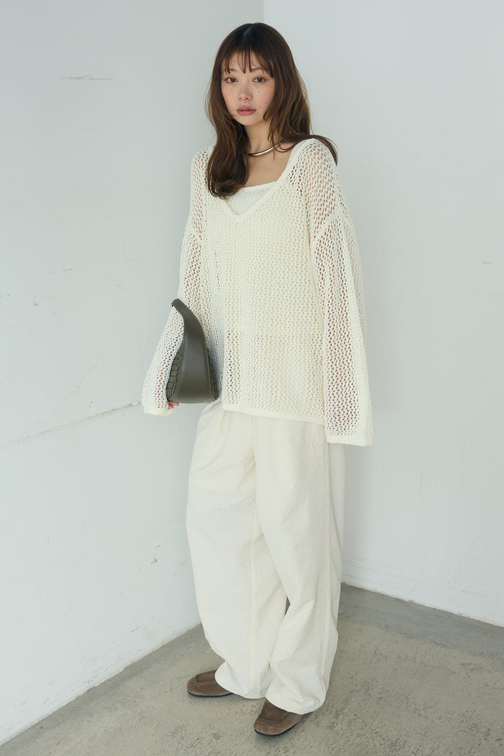 [SET]メッシュ編みビスチェセットVネックプルオーバー+シアサッカーイージーパンツ(2set)