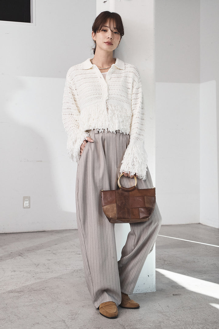 [SET]メッシュフリンジカーディガン+ヘリンボーンストライプツータックパンツ(2set)