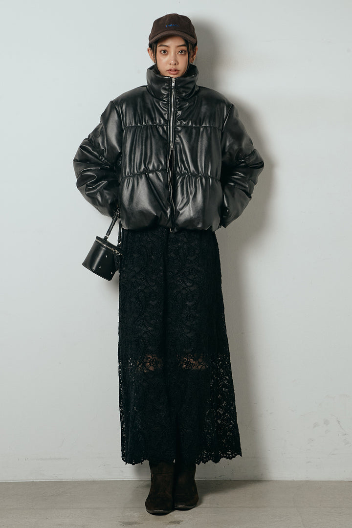 [SET]レザーライクWジップスタンドカラー中綿ブルゾン+総レース刺繍スカート(2set)
