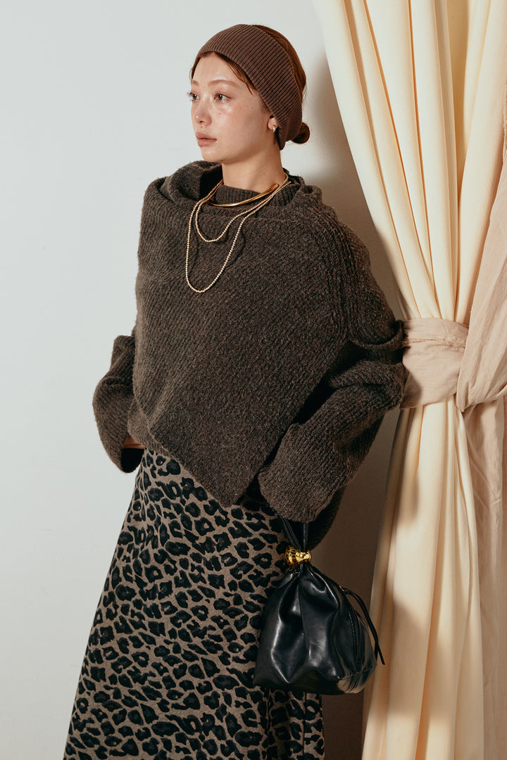 [SET]ケープデザインリブニットトップス+レオパードロングスカート(2set)
