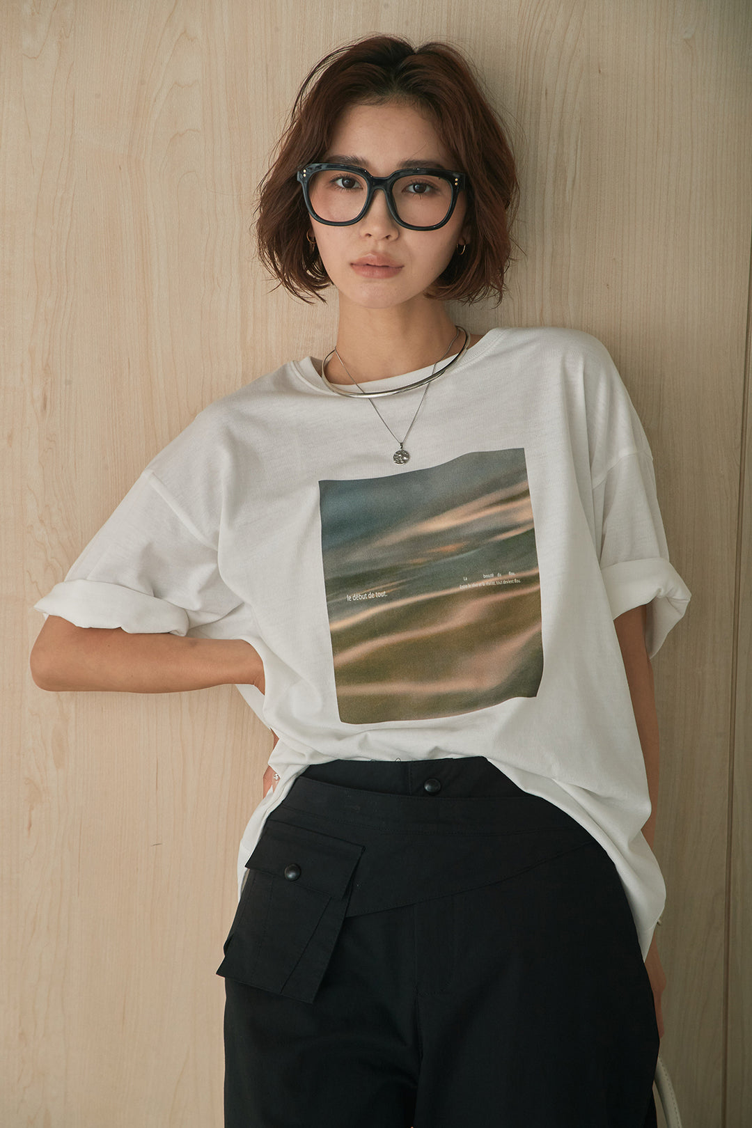[SET]MarbleプリントTシャツ+ポケットベルト付きニーサイドタックパンツ(2set)
