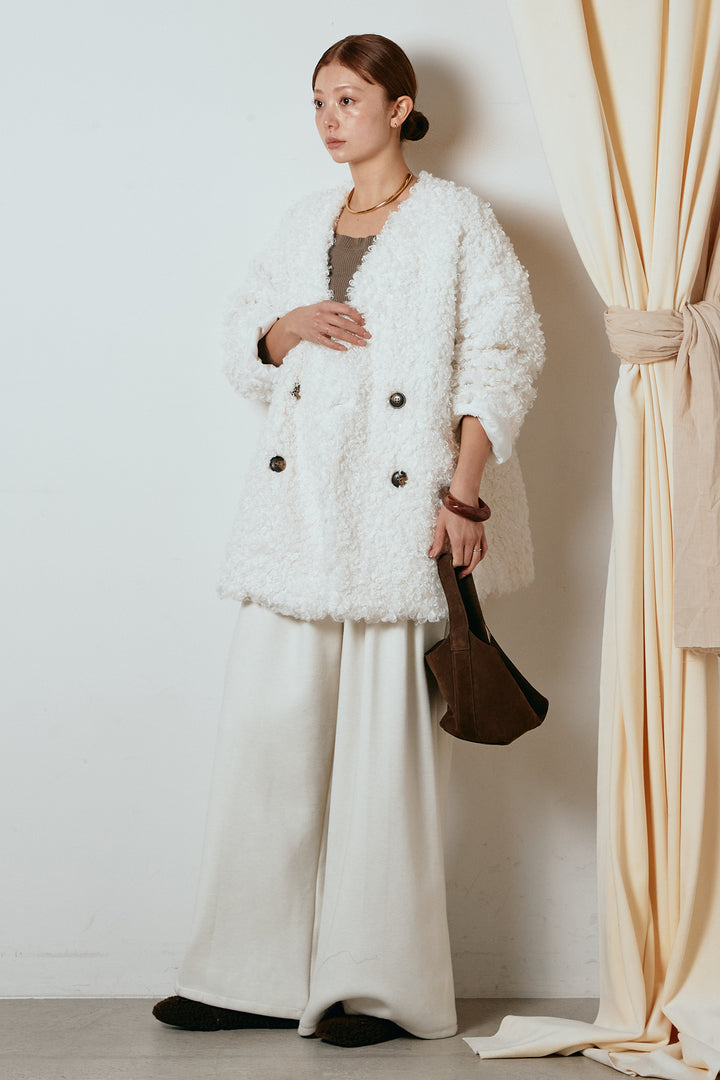 [SET]シープライクファージャケット+フェイクレザー太ベルト付きタックワイドパンツ(2set)