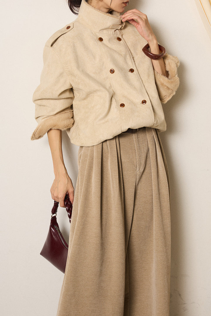 [SET]スタンド襟スウェードライクアウター+ベルトループコーデュロイワイドパンツ(2set)