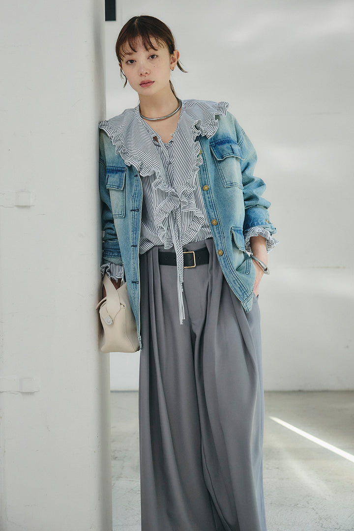 [SET]ノーカラーデニムポケットジャケット+コットンフリルブラウス+ベルト付きタックデザインハイウエストロングパンツ(3set)