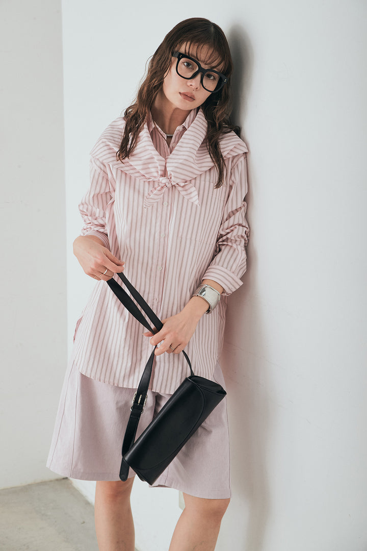 [SET]ランダムストライプスカーフ付きシャツ+デニムハーフパンツ(2set)