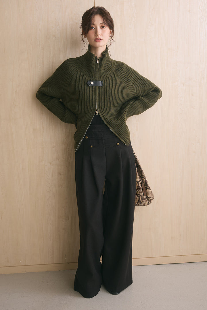 [SET]リブ編みレザーコンビべルト付きブルゾン+ナポレオンボタンデザインタック入りパンツ(2set)