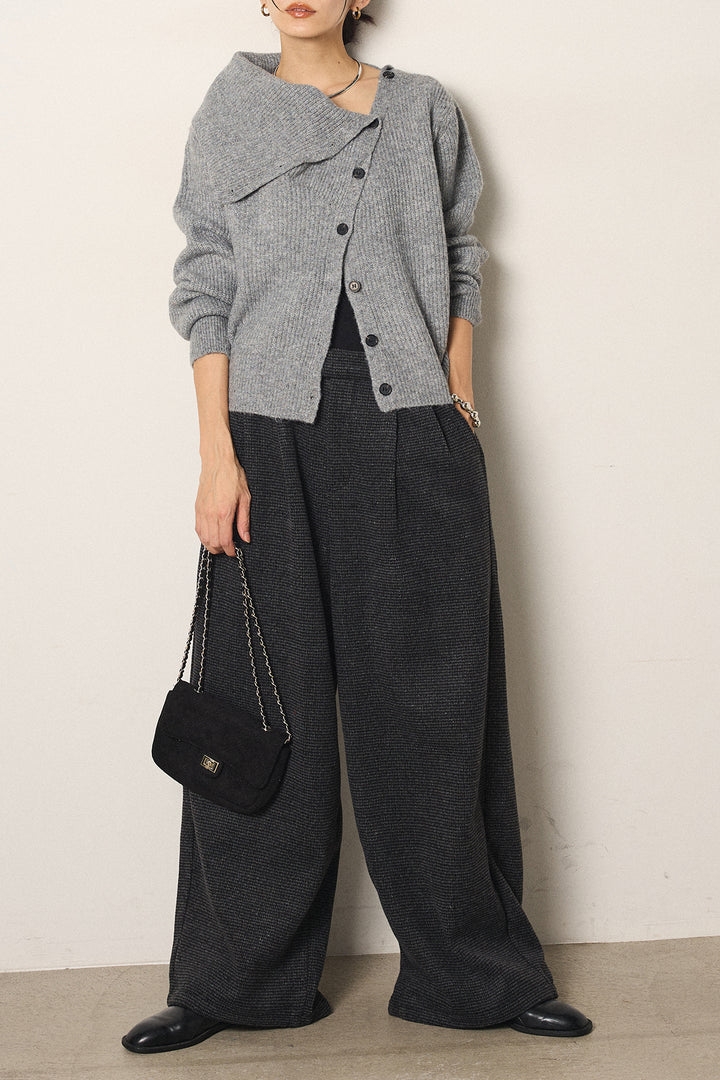 [SET]ボタンデザインネックニットプルオーバー+起毛タック入りツイードワイドパンツ(2set)