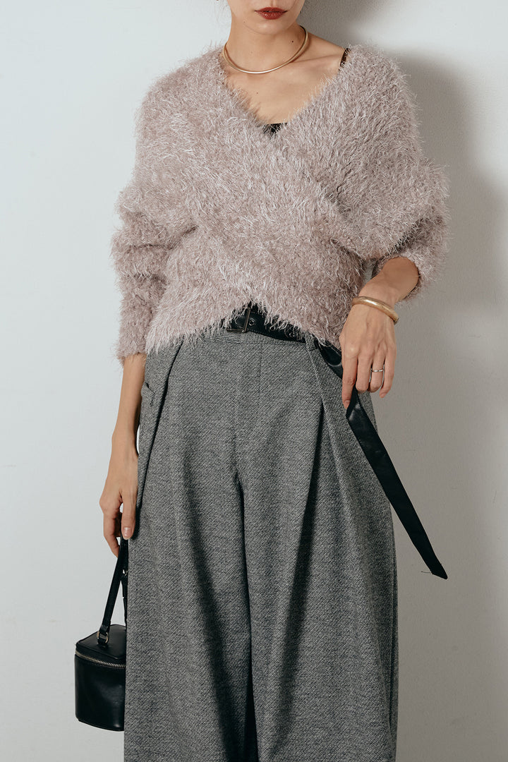 [SET]シャギークロスニットトップス+細ベルト付き起毛タックワイドパンツ(2set)