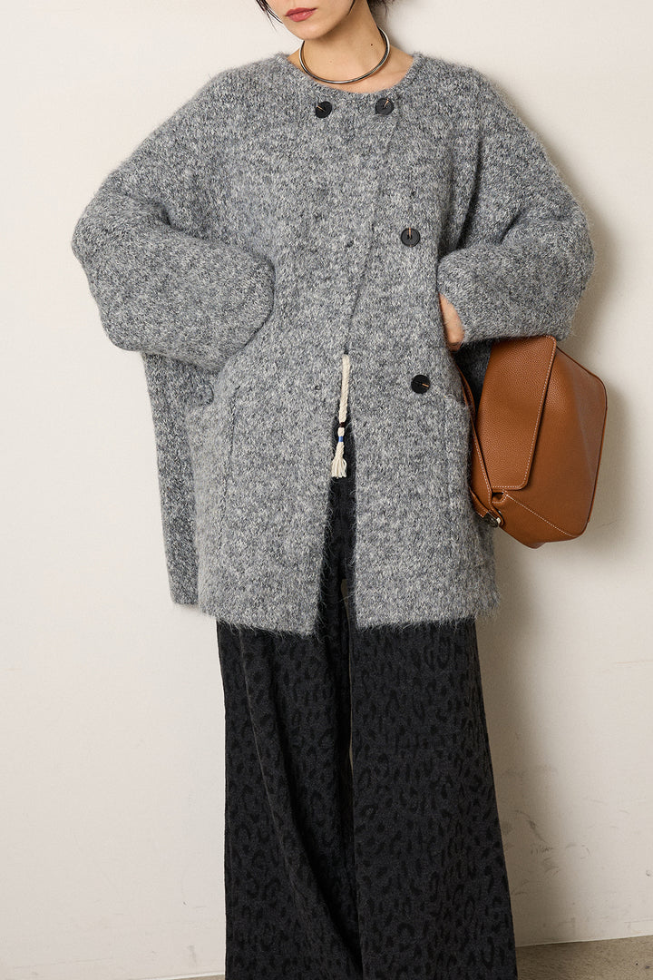 [SET]アシンメトリーボタンニットカーディガン+レオパードジャガードニットパンツ(2set)