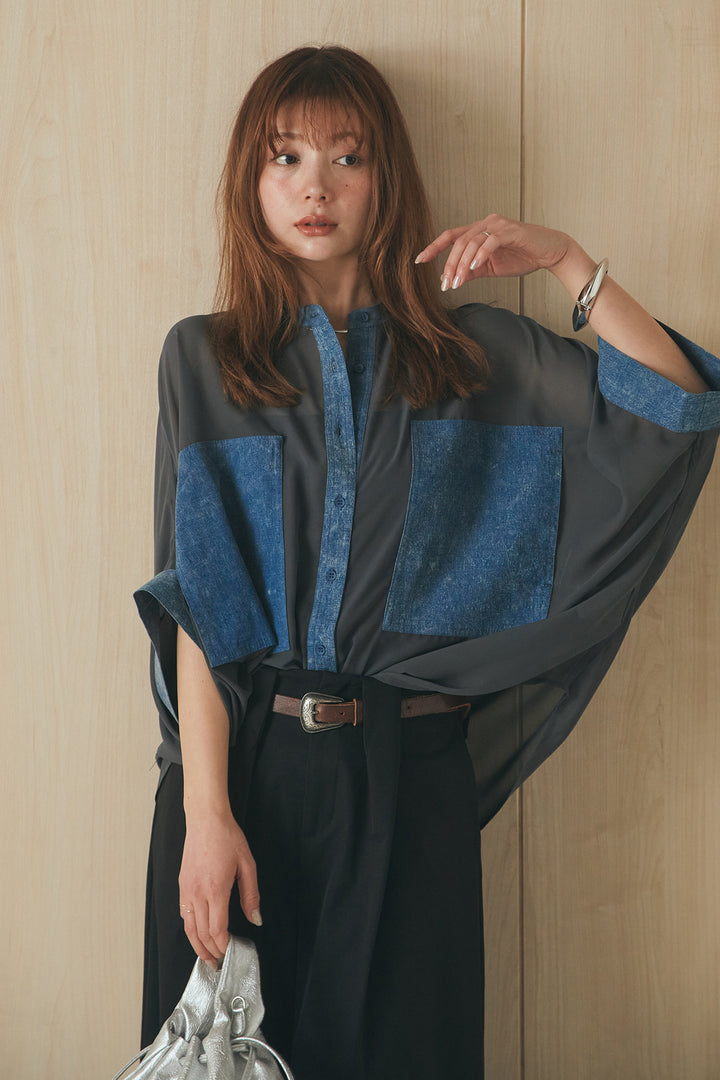 [SET]デニムライクビッグツーポケシアーシャツ+ベルトループデザインハイウエストタックパンツ(2set)