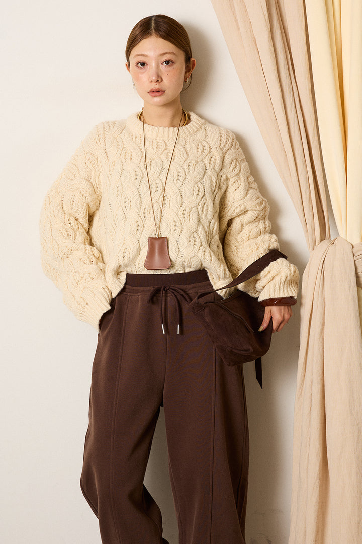 [SET]ケーブルリラックスショートニット+スウェットワイドカーブパンツ(2set)