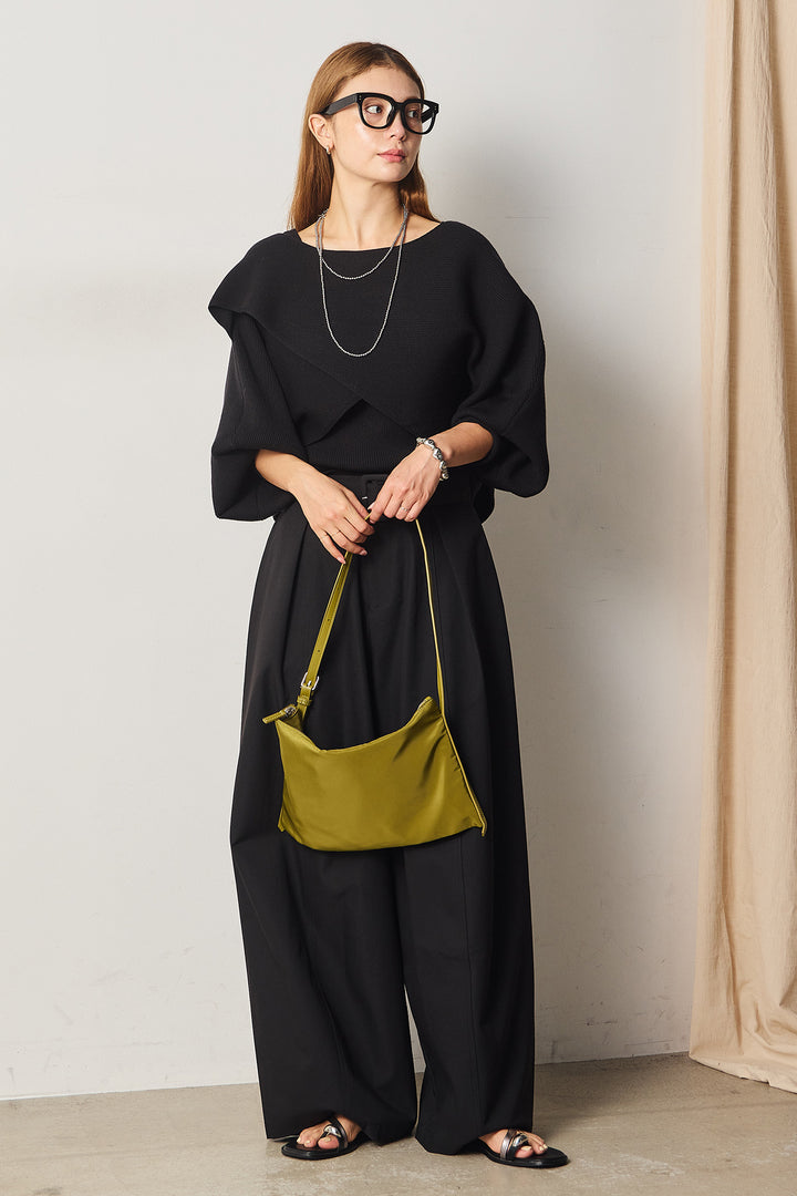 [SET]タンク付きクロスデザインニットプルオーバー+太ベルト付きタックワイドパンツ(2set)