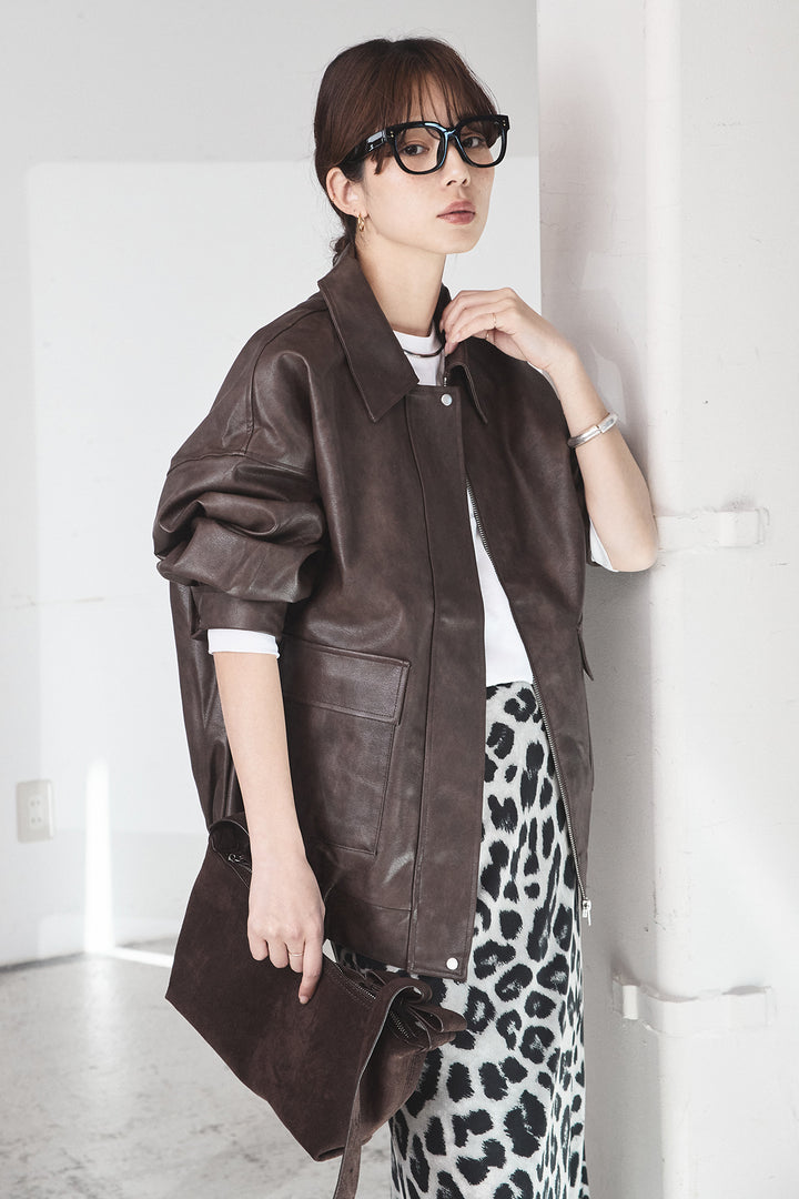 [SET]レザーライクオーバーサイズブルゾン+レオパードサテンナロースカート(2set)