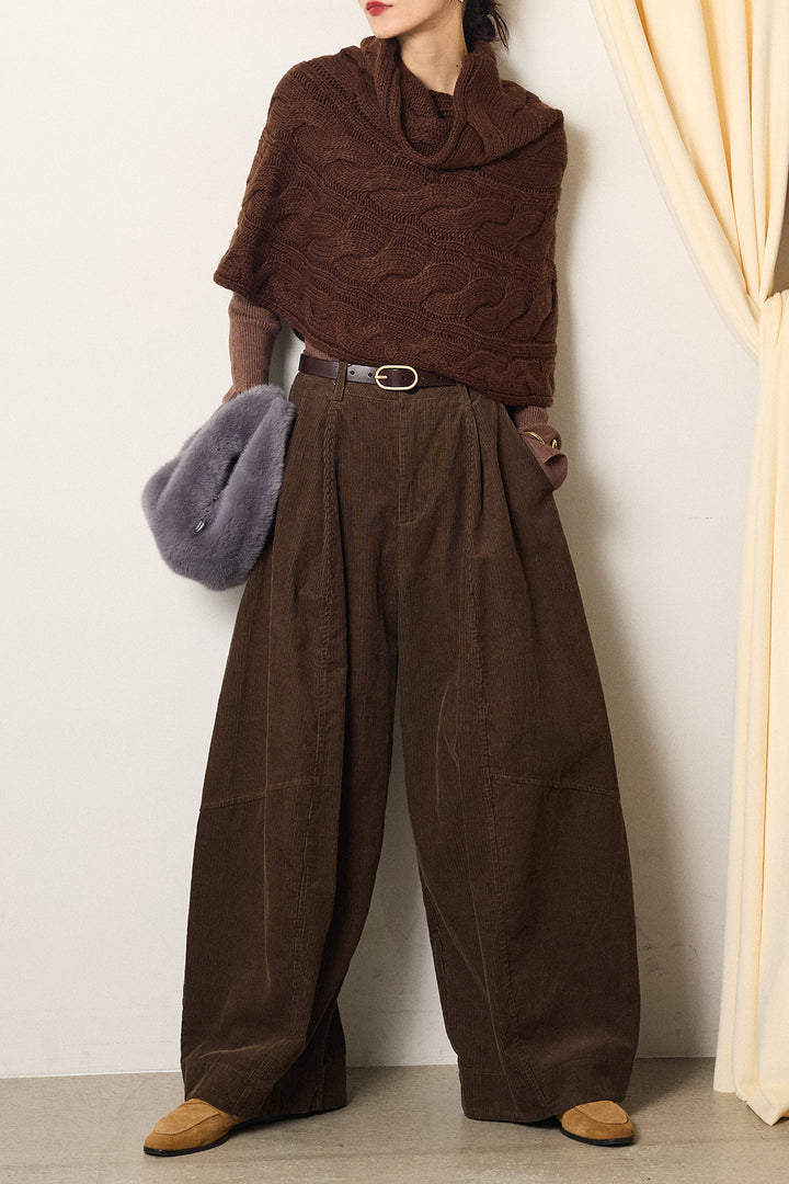 [SET]ケーブル編みケープレイヤードニット+タック入りコーデュロイワイドパンツ(2set)
